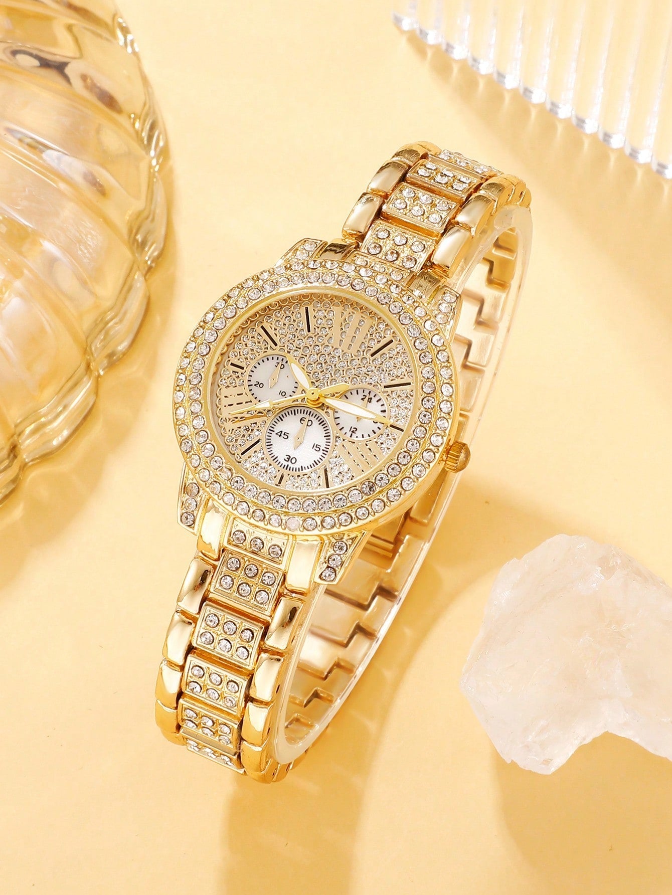 Women's Gold Stainless Steel Strap, Glamorous Rhinestone Décor Round Dial Quartz Watch, Heart shapes Bracelet, Ring, Earrings, &amp; Necklace