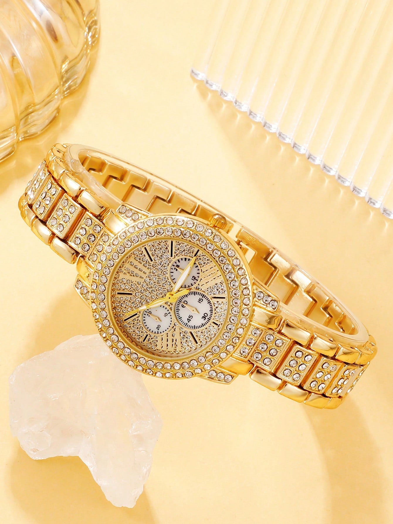 Women's Gold Stainless Steel Strap, Glamorous Rhinestone Décor Round Dial Quartz Watch, Heart shapes Bracelet, Ring, Earrings, &amp; Necklace