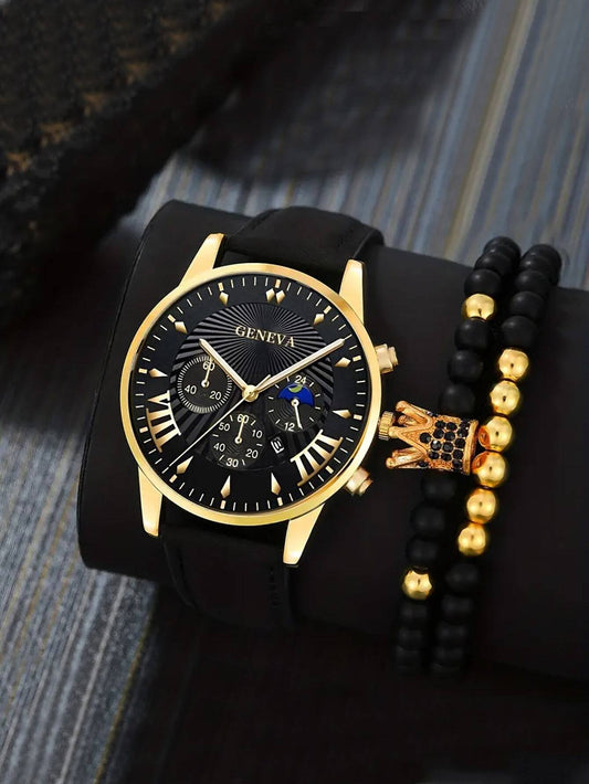 1 Piece Black PU Strap Fashion Round Quartz Watch & 2 Pieces Decorative Rhinestone Beaded Bracelet, Daily Decoration