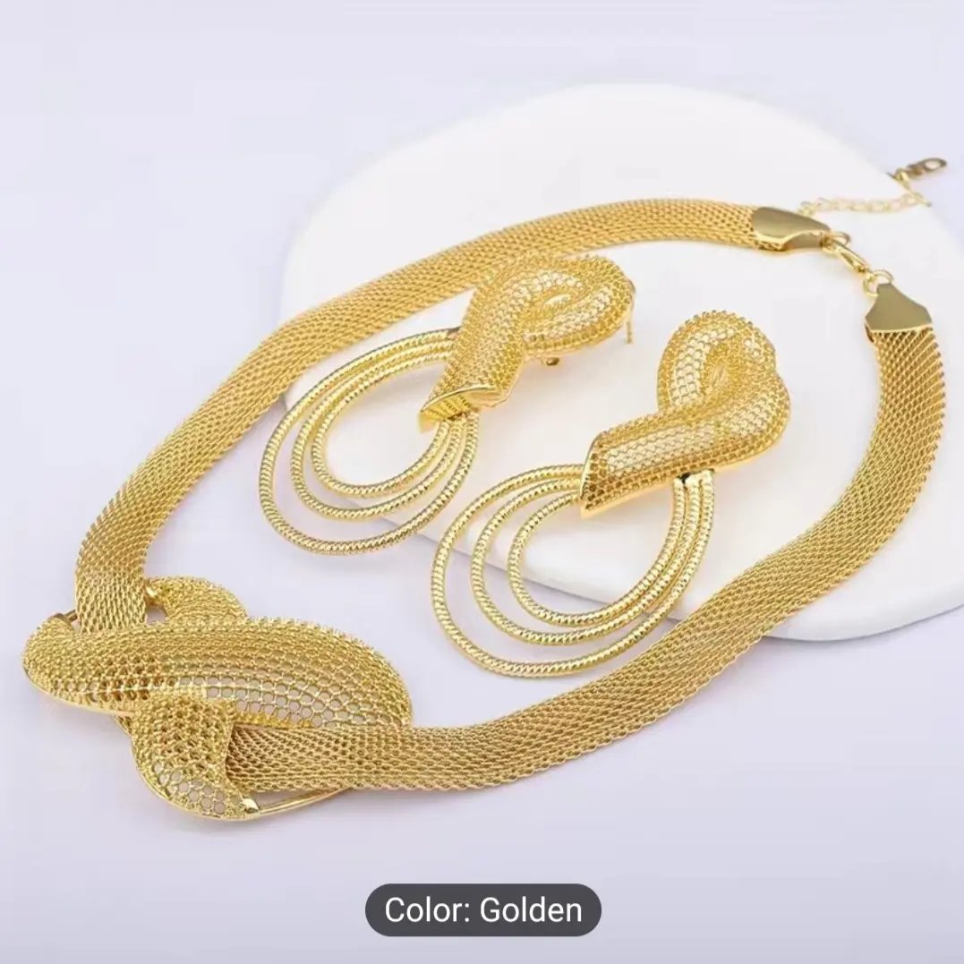 Africa 24K Gold Color Popular Jewelry Mesh Necklace Earring Set Romantic Wedding Party Gift for Women Daily Wear