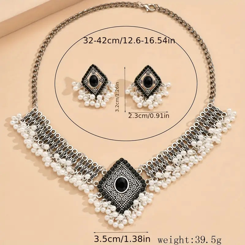 3pcs Bollywood Style Earrings + Necklace Boho Style Jewelry Set Retro Rhombus Design Paved Shining Rhinestone Multi Colors For U To Choose Match Daily Outfit