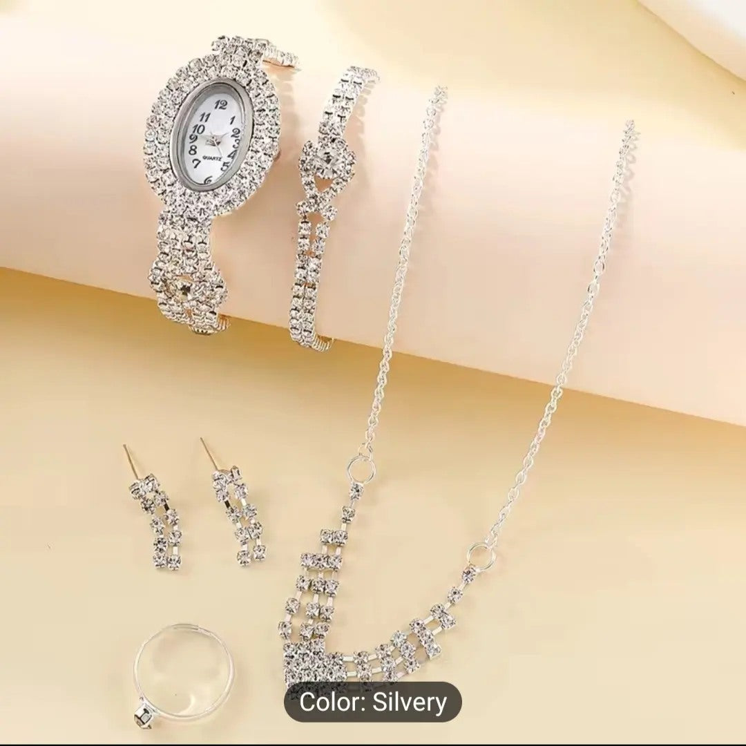 1pc Rhinestone Decor Quartz Watch & 5pcs Jewelry Set