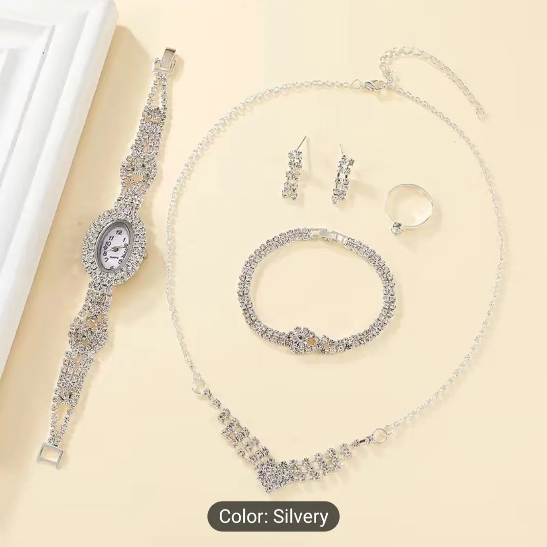 1pc Rhinestone Decor Quartz Watch & 5pcs Jewelry Set