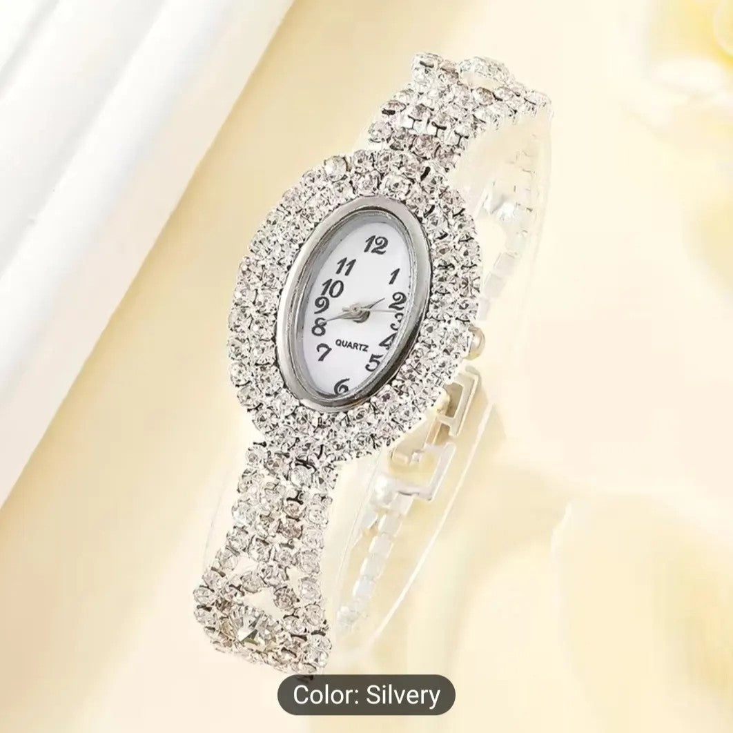 1pc Rhinestone Decor Quartz Watch & 5pcs Jewelry Set