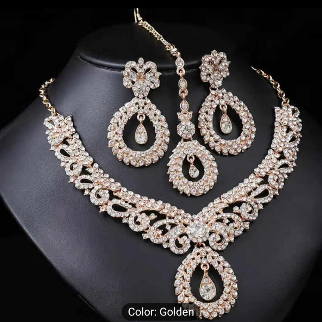 Luxury Gold Color Geometric Crystal Earrings Choker Necklace Wedding Jewelry Sets Elegant Bride Party Costume Dress Accessories