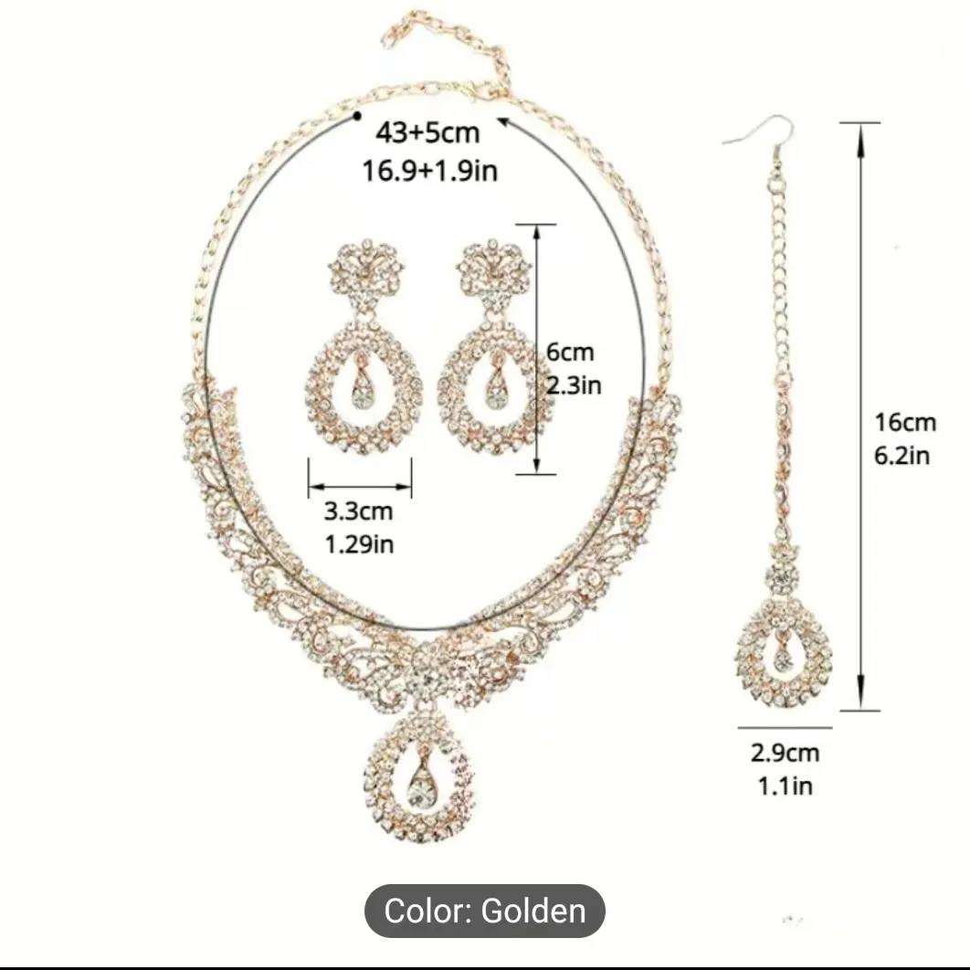 Luxury Gold Color Geometric Crystal Earrings Choker Necklace Wedding Jewelry Sets Elegant Bride Party Costume Dress Accessories