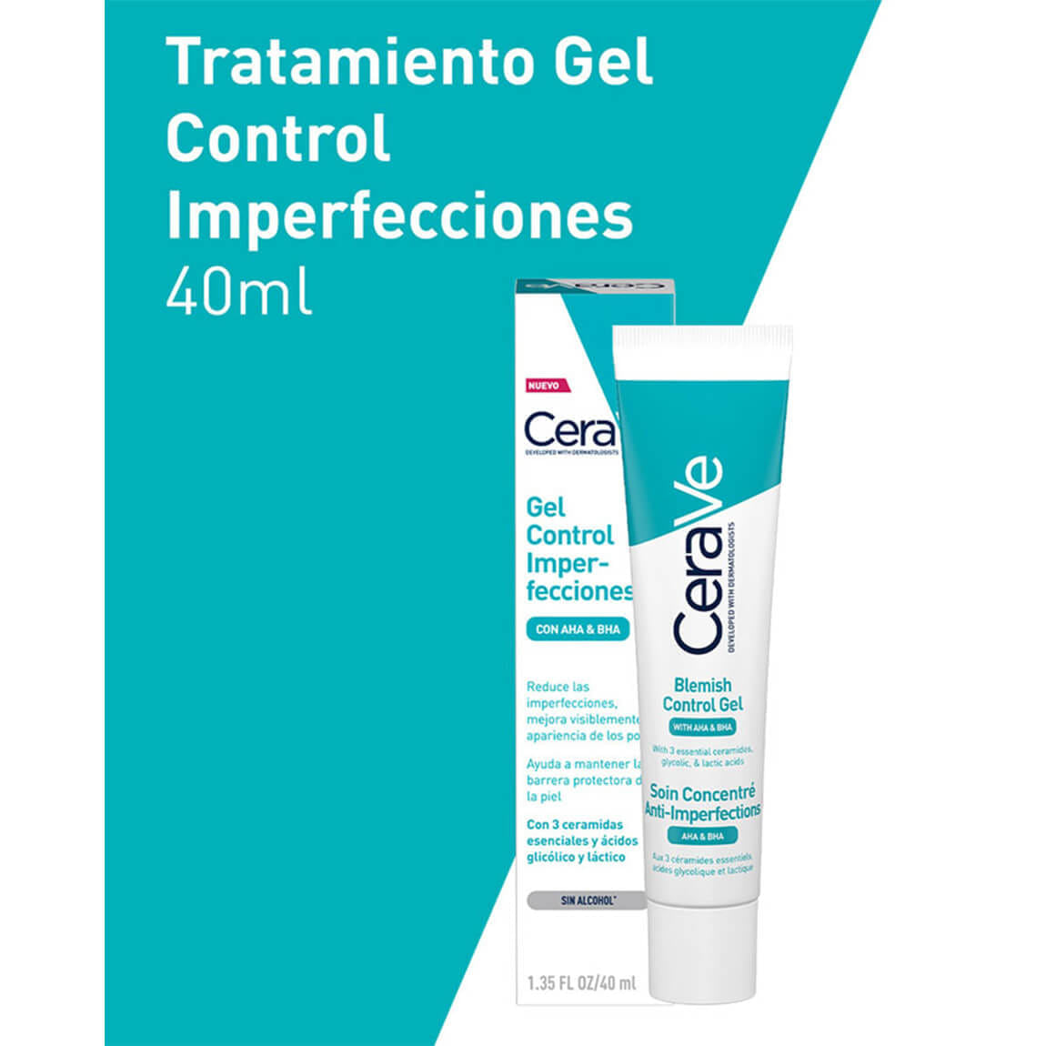 Cerave Blemish Control Gel Facial Moisturiser for Acne & Blemishes with Glycolic Acid and Lactic Acid AHA/BHA 40mL