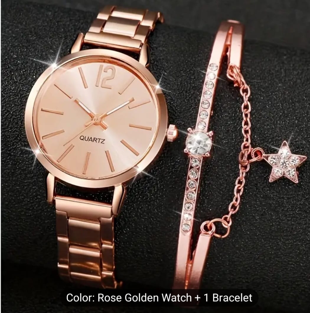 Women's Watch Rose Golden Quartz Watch Fashion Analog Steel Wrist Watch & 1pc Star Bracelet