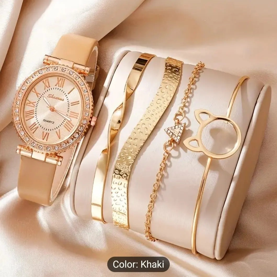 5pcs/set Women's Watch Luxury Quartz Watch Shiny Rhinestone Analog Wrist Watch &amp; Jewelry Set (Bracelets)