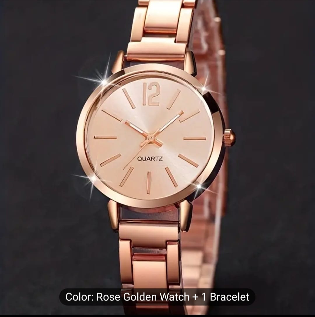 Women's Watch Rose Golden Quartz Watch Fashion Analog Steel Wrist Watch & 1pc Star Bracelet