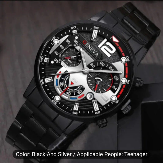 GENEVA men's creative mechanical fit six-hand watch alloy steel strip quartz watch men's watch