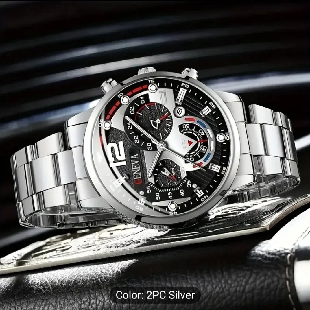 GENEVA men's creative mechanical fit six-hand watch alloy steel strip quartz watch men's watch