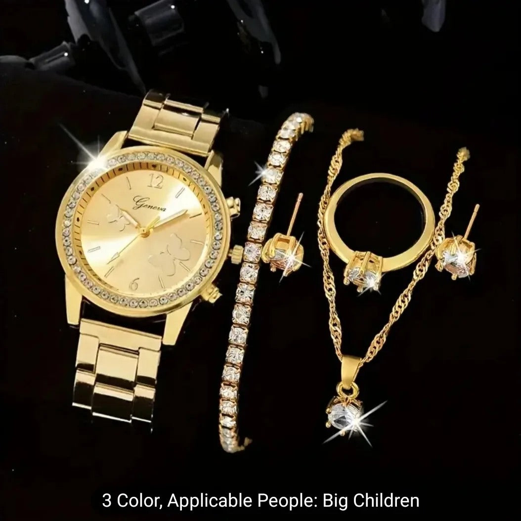 5/6pcs Women's Watch Luxury Rhinestone Quartz Watch Hiphop Fashion Analog Wrist Watch & Jewelry Set, Gift For Mom Her (Copy)