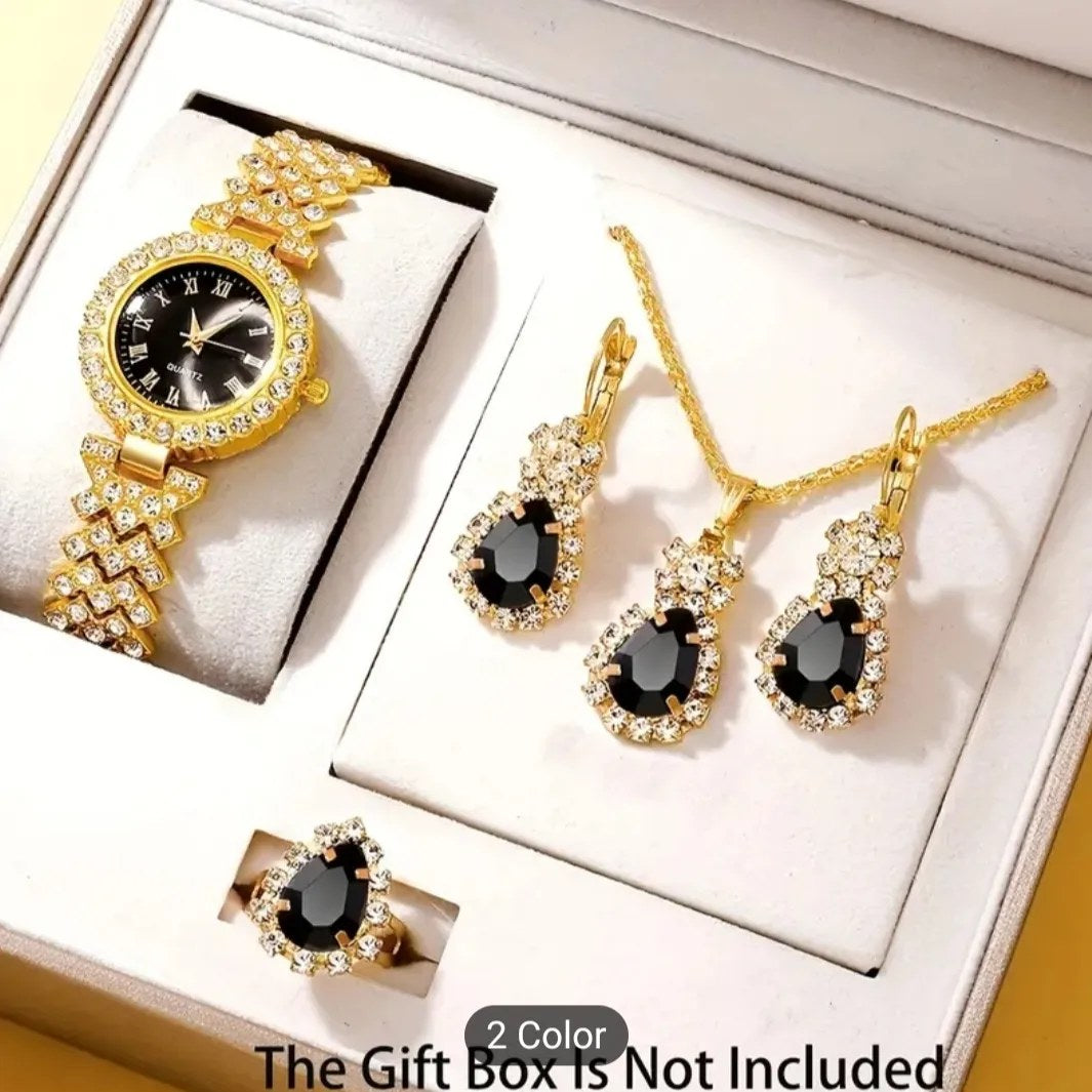 4pcs Women's Watch Luxury Rhinestone Quartz Watch Hiphop Fashion Analog Wrist Watch & Jewelry Set, Gift For Mom Her