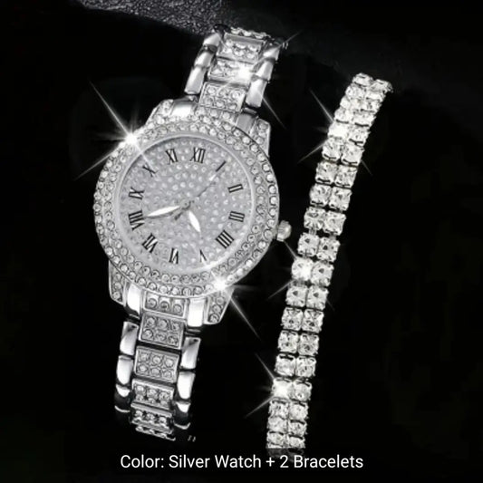 2 pcs Women's Watch Luxury Rhinestone Quartz Watch Hip-hop Fashion Analog Wrist Watch &amp; Bracelet