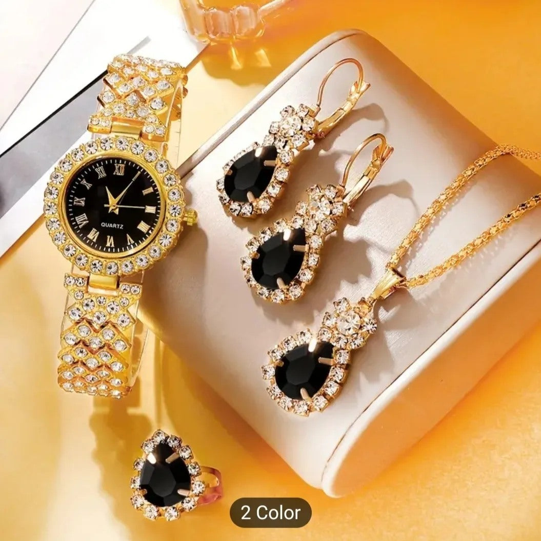 4pcs Women's Watch Luxury Rhinestone Quartz Watch Hiphop Fashion Analog Wrist Watch & Jewelry Set, Gift For Mom Her