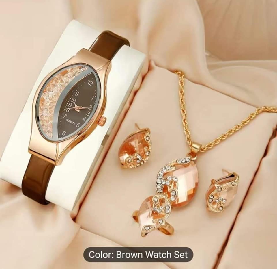 5pcs/set Women's Watch Quicksand Oval Pointer Quartz Watch Analog PU Leather Wrist Watch & Jewelry Set