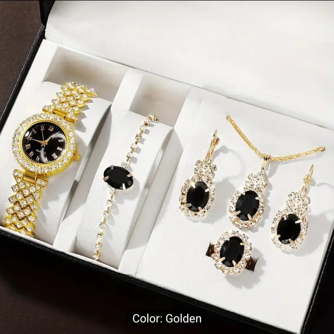 Latest Gold Diamond Watch and Jewelry Gift Box Set for Women Includes Quartz Luxury Watch, Necklace, Bracelet, Earrings, and Ring