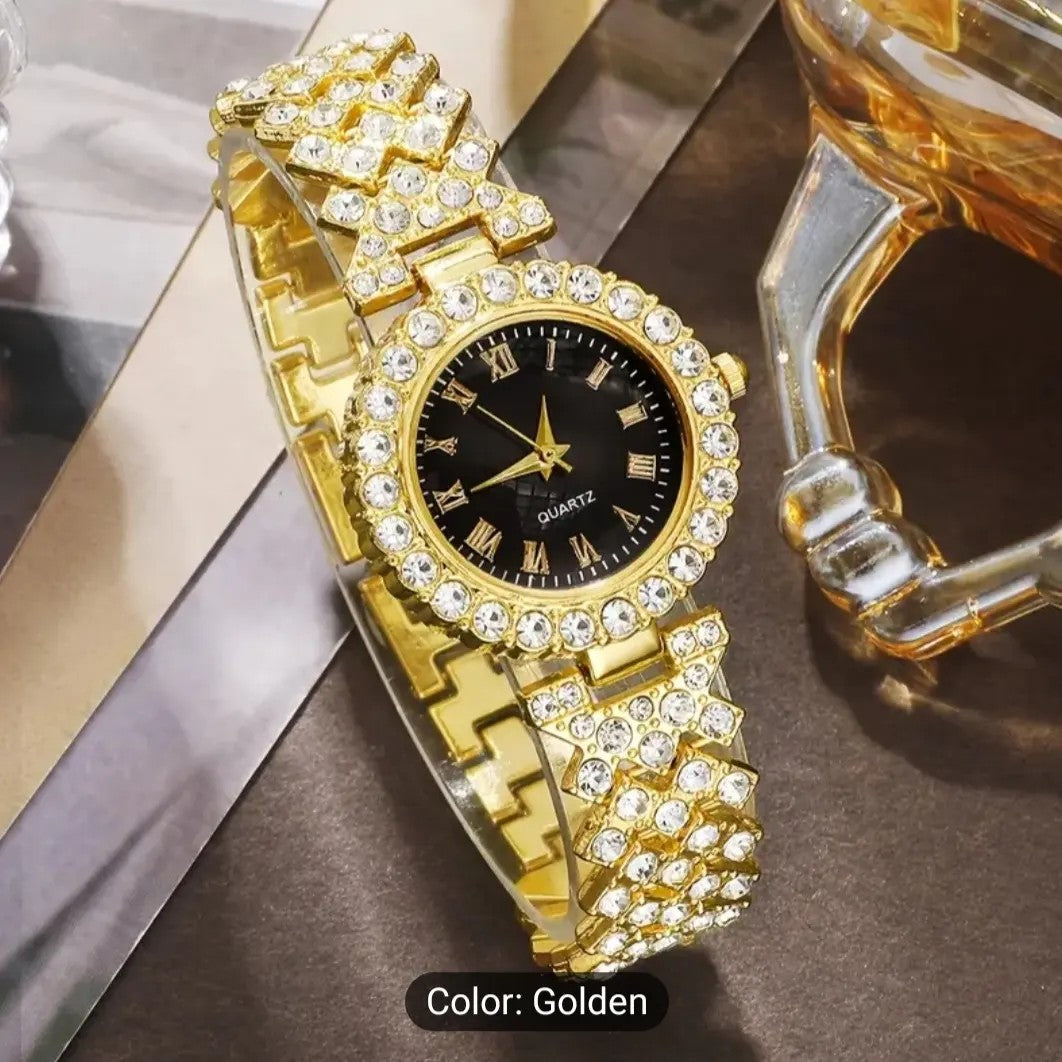 Latest Gold Diamond Watch and Jewelry Gift Box Set for Women Includes Quartz Luxury Watch, Necklace, Bracelet, Earrings, and Ring