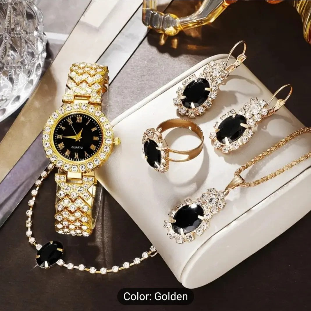 Latest Gold Diamond Watch and Jewelry Gift Box Set for Women Includes Quartz Luxury Watch, Necklace, Bracelet, Earrings, and Ring