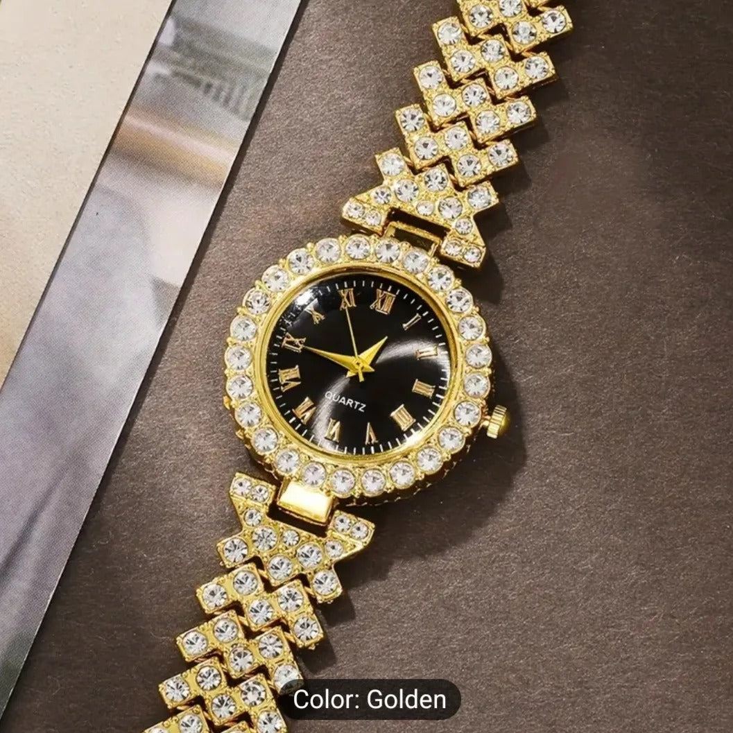 Latest Gold Diamond Watch and Jewelry Gift Box Set for Women Includes Quartz Luxury Watch, Necklace, Bracelet, Earrings, and Ring