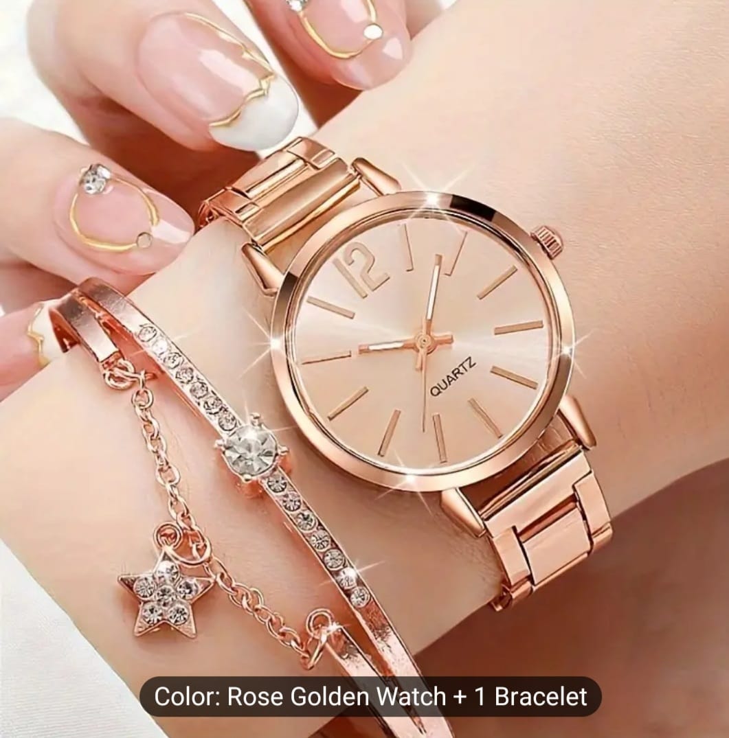 Women's Watch Rose Golden Quartz Watch Fashion Analog Steel Wrist Watch & 1pc Star Bracelet