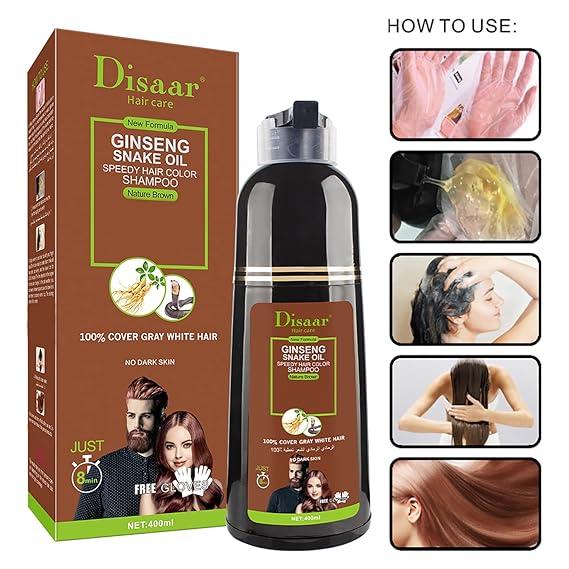 Disaar Natural Brown Hair Color Shampoo 100% Cover Gray White Hair Easy To Use Long Lasting For Girls , Men & Women 400ml