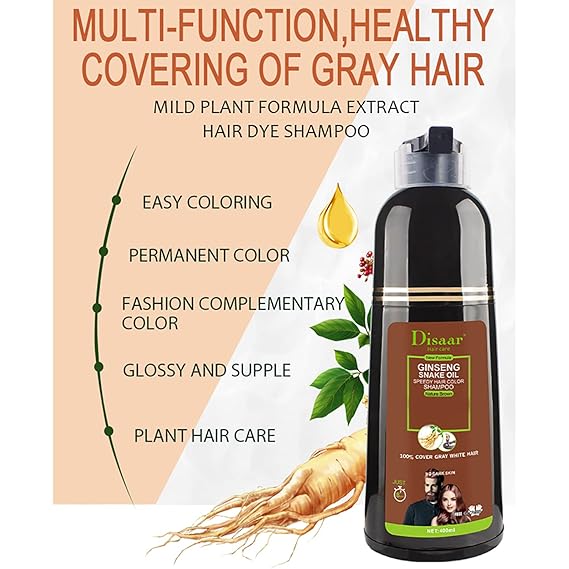 Disaar Natural Brown Hair Color Shampoo 100% Cover Gray White Hair Easy To Use Long Lasting For Girls , Men & Women 400ml