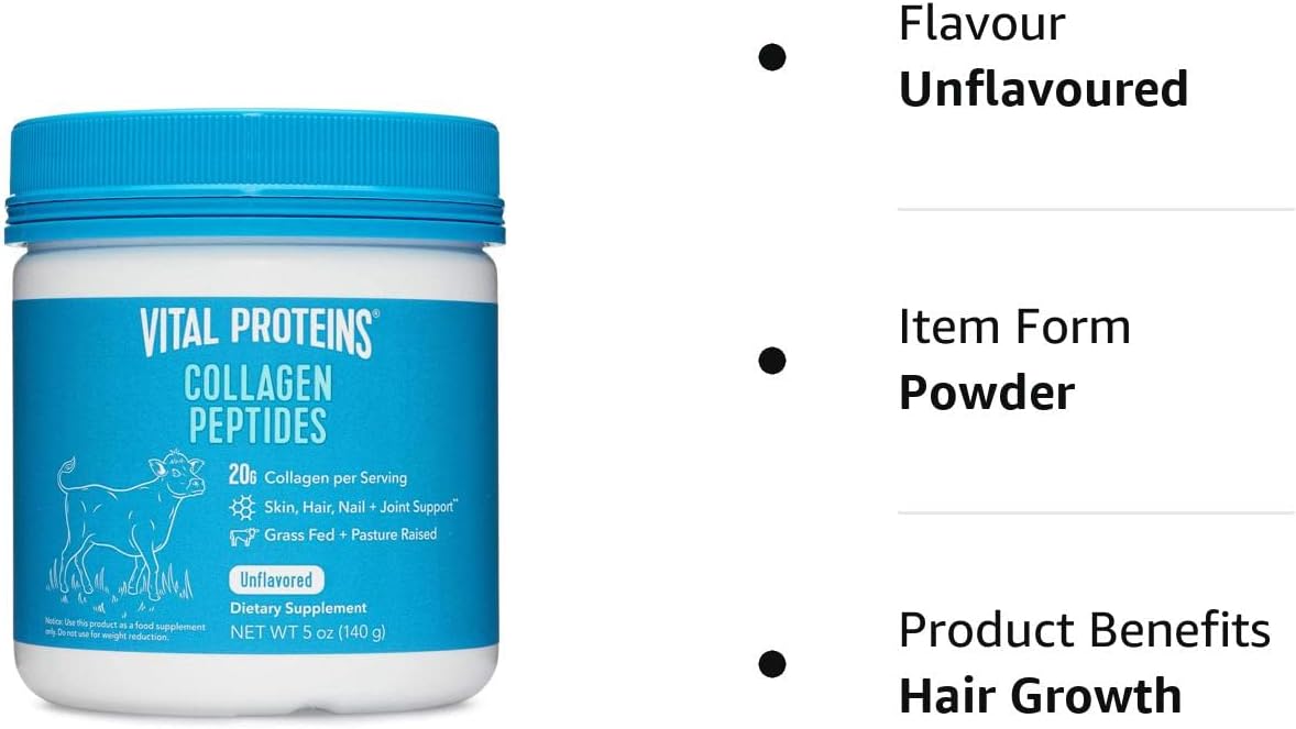 Vital Proteins Collagen Peptides Powder Supplement (Type I, III) for Skin Hair Nail Joint - Hydrolyzed Collagen - Dairy and Gluten Free - 20g per Serving - Unflavored 5 oz Canister