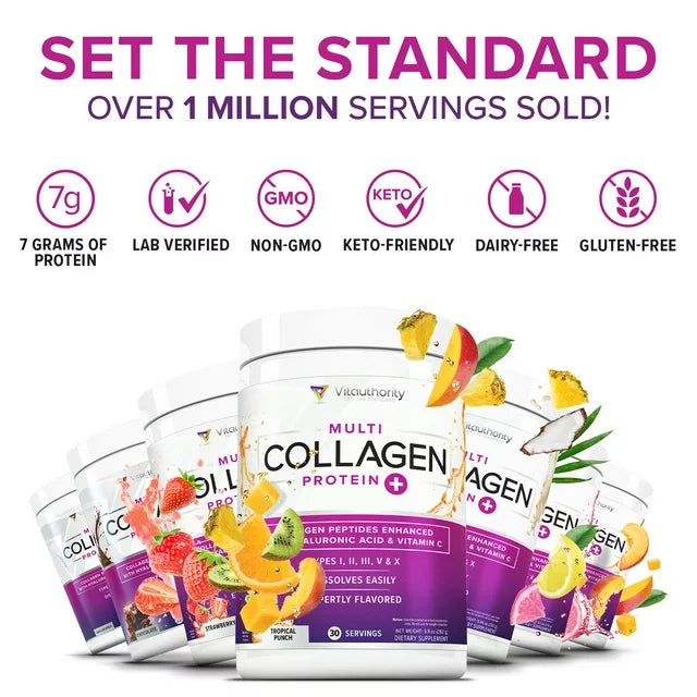 Multi Collagen Peptides Plus Hyaluronic Acid and Vitamin C, Hydrolyzed Collagen Protein, Types I, II, III, V and X Collagen, Unflavored, 40 Serving