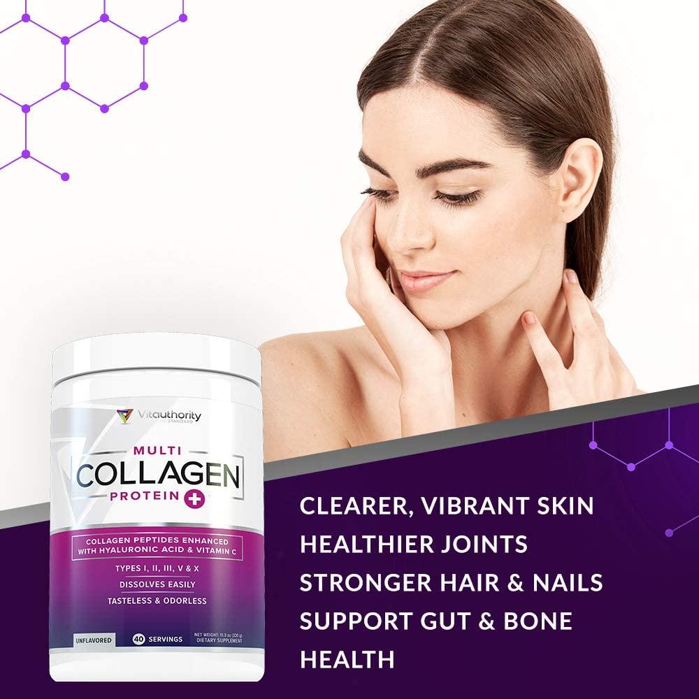 Multi Collagen Peptides Plus Hyaluronic Acid and Vitamin C, Hydrolyzed Collagen Protein, Types I, II, III, V and X Collagen, Unflavored, 40 Serving