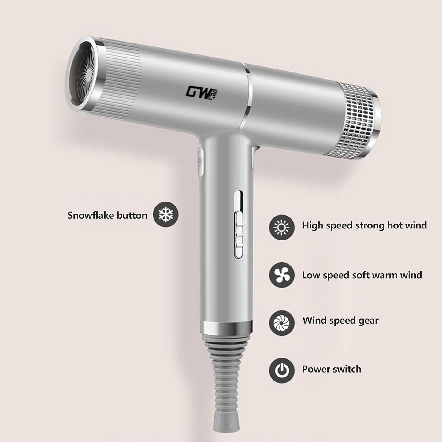 Hair Dryer Three Gears Adjustment Low Noise Overheating Protection with 3 Nozzles Anion Hair Care (Silver UK Plug)