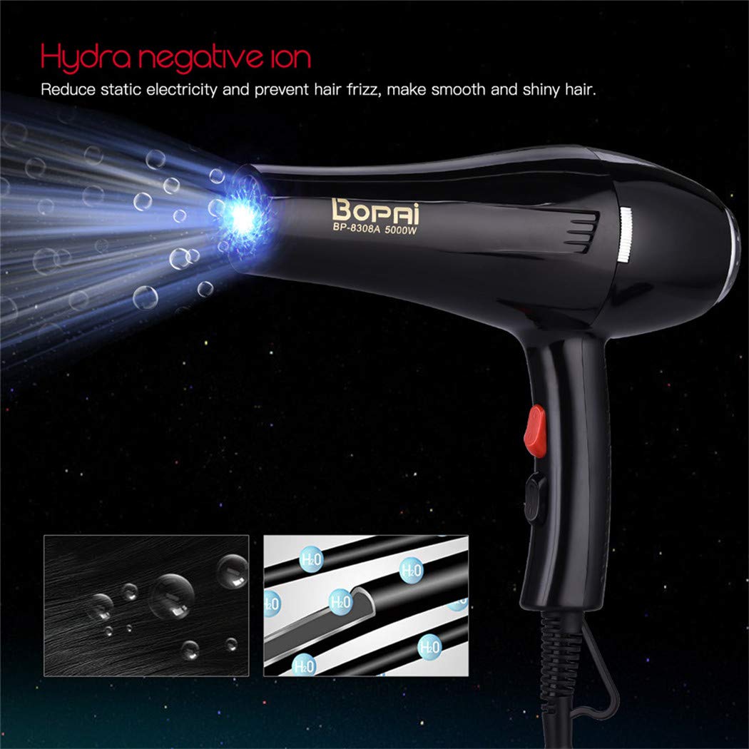 BOPAI Professional Hair Dryer 1500W with 2 Speeds and 3 Heat Settings, Black