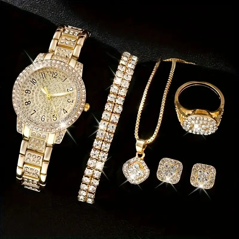 5/6pcs Women's Watch Luxury Rhinestone Quartz Watch Hiphop Fashion Analog Wrist Watch & Jewelry Set, Gift For Mom Her