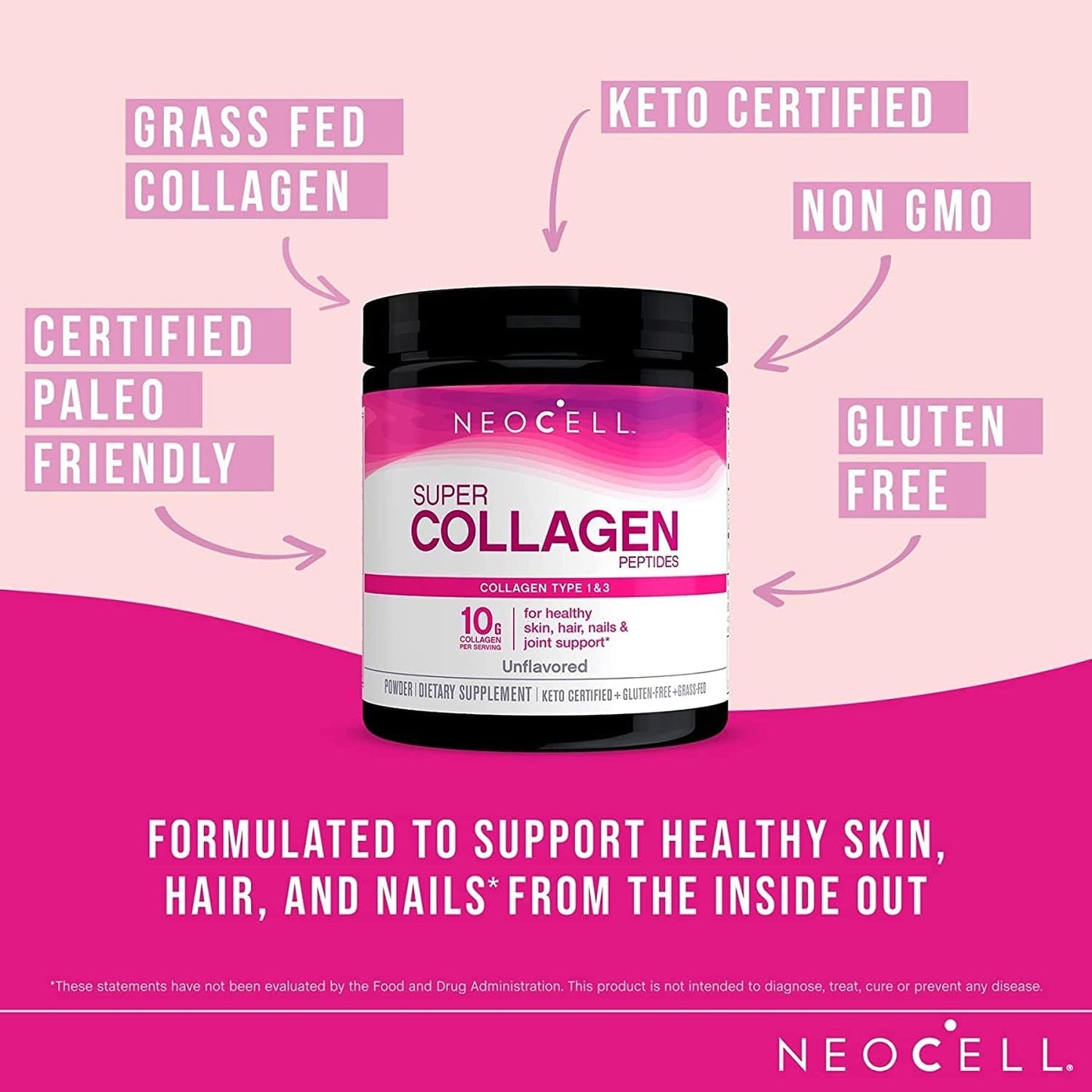 NeoCell Super Collagen Peptides, 10g Collagen Peptides per Serving, Gluten Free, Keto Friendly, Non-GMO, Grass Fed, Healthy Hair, Skin, Nails and Joints, Unflavored Powder, 5.3 oz., 1 Canister