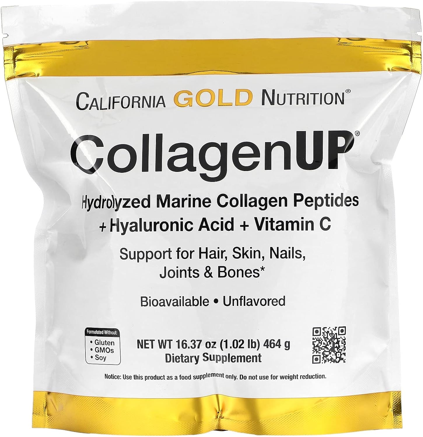 California Gold Nutrition, Collagen UP, Hydrolyzed Marine Collagen Peptides with Hyaluronic Acid and Vitamin C, Unflavored, 16.37 oz (464 g)