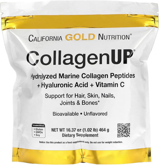 California Gold Nutrition, Collagen UP, Hydrolyzed Marine Collagen Peptides with Hyaluronic Acid and Vitamin C, Unflavored, 16.37 oz (464 g)