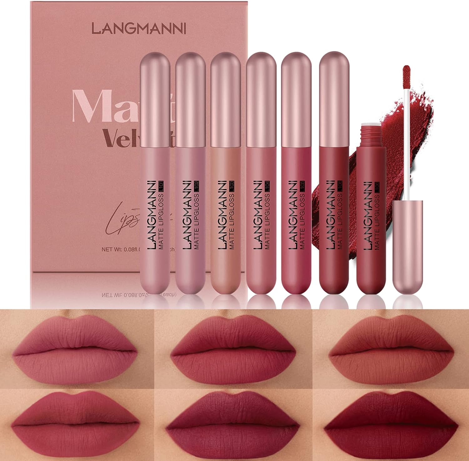 6 PCS Matte Liquid Lipstick Set, Velvet Muddy Finish, Dark Red Burgundy Lip Stain, Long Lasting 24 Hours Waterproof Smudge Proof Lip Gloss, Multi-Purpose for Lip and Cheek, Lip Makeup Gift Kit