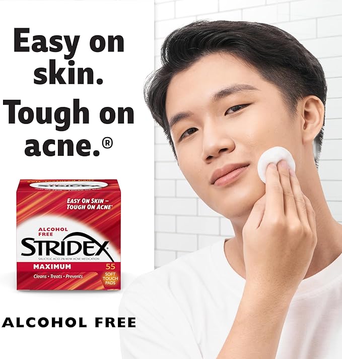 Stridex Medicated Acne Pads, Maximum, 55 Count – Facial Cleansing Wipes, Alcohol Free, Acne Treatment for Face, For Moderate Acne, Smooth Application