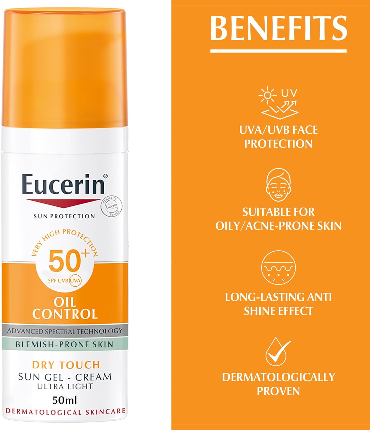 Eucerin Face Sunscreen Oil Control Gel-Cream Dry Touch, High UVA/UVB Protection, SPF 50+, Light Texture Sun Protection, Suitable Under Make-Up, For Blemish-Prone Skin, 50ml