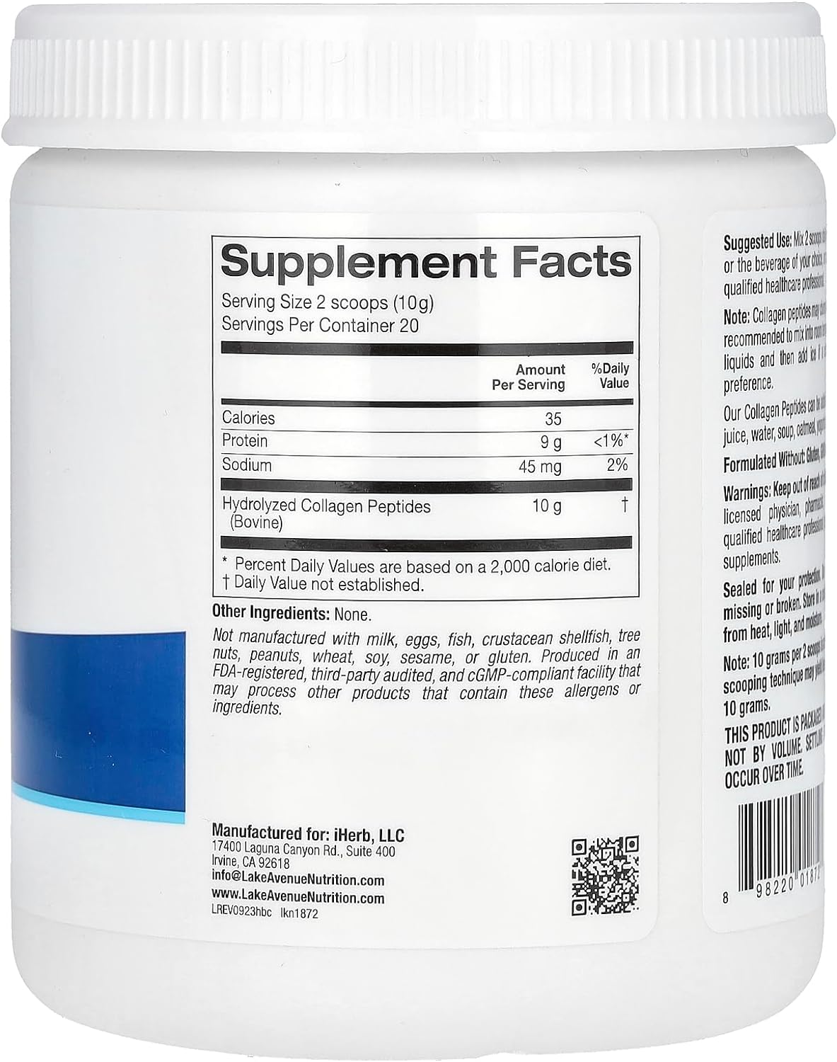 Lake Avenue Nutrition Hydrolyzed Collagen Peptides, Type I & III, Unflavored, 7.05 oz (200 g)