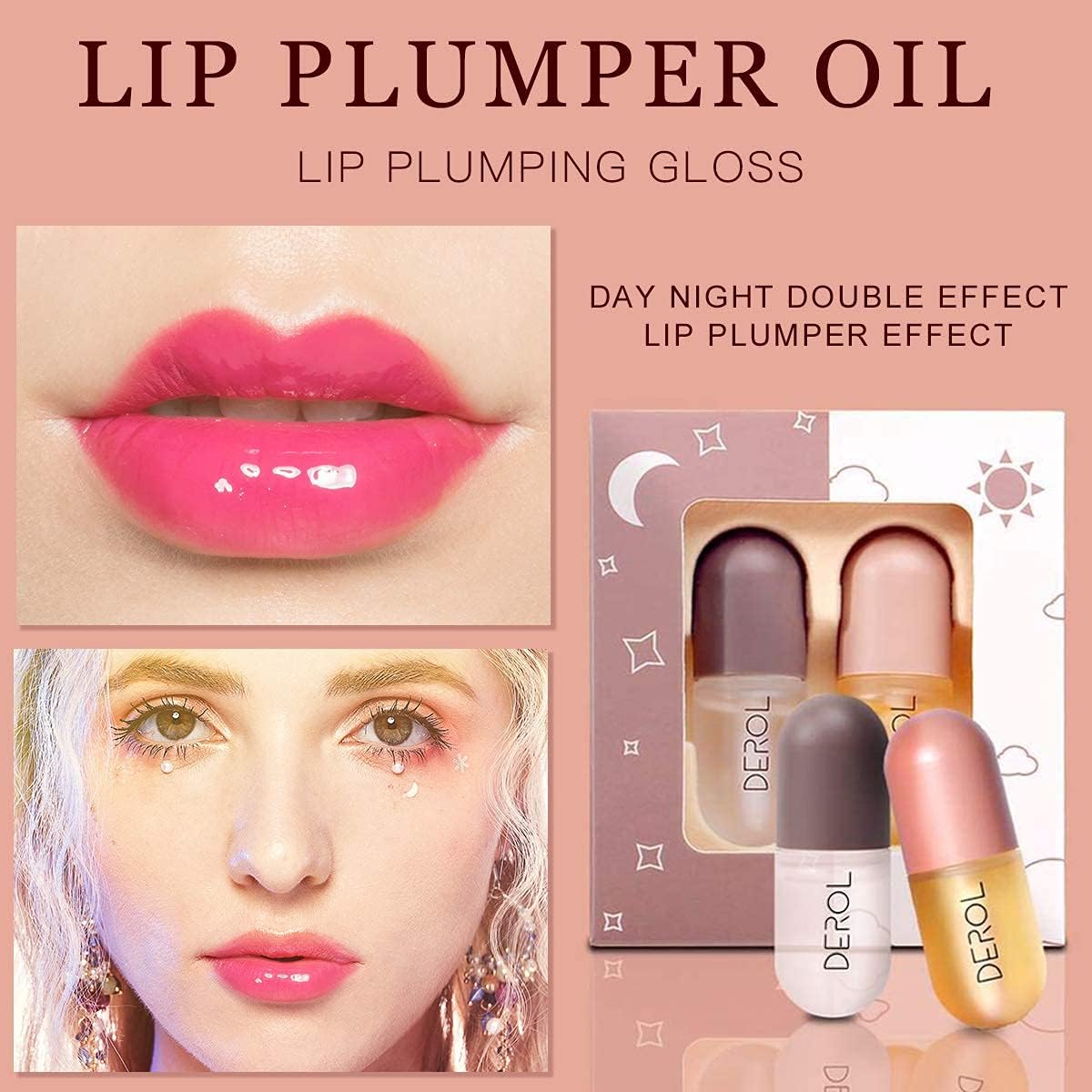 Natural Lip plumper, 2 Pcs Lip Enhancer Including Day and Night Lip Plumping Balm, Plant Extracts Plumping Lip Serum, Lip Care Serum for Fuller & Hydrated Sexy Lips（5.5MLX2)