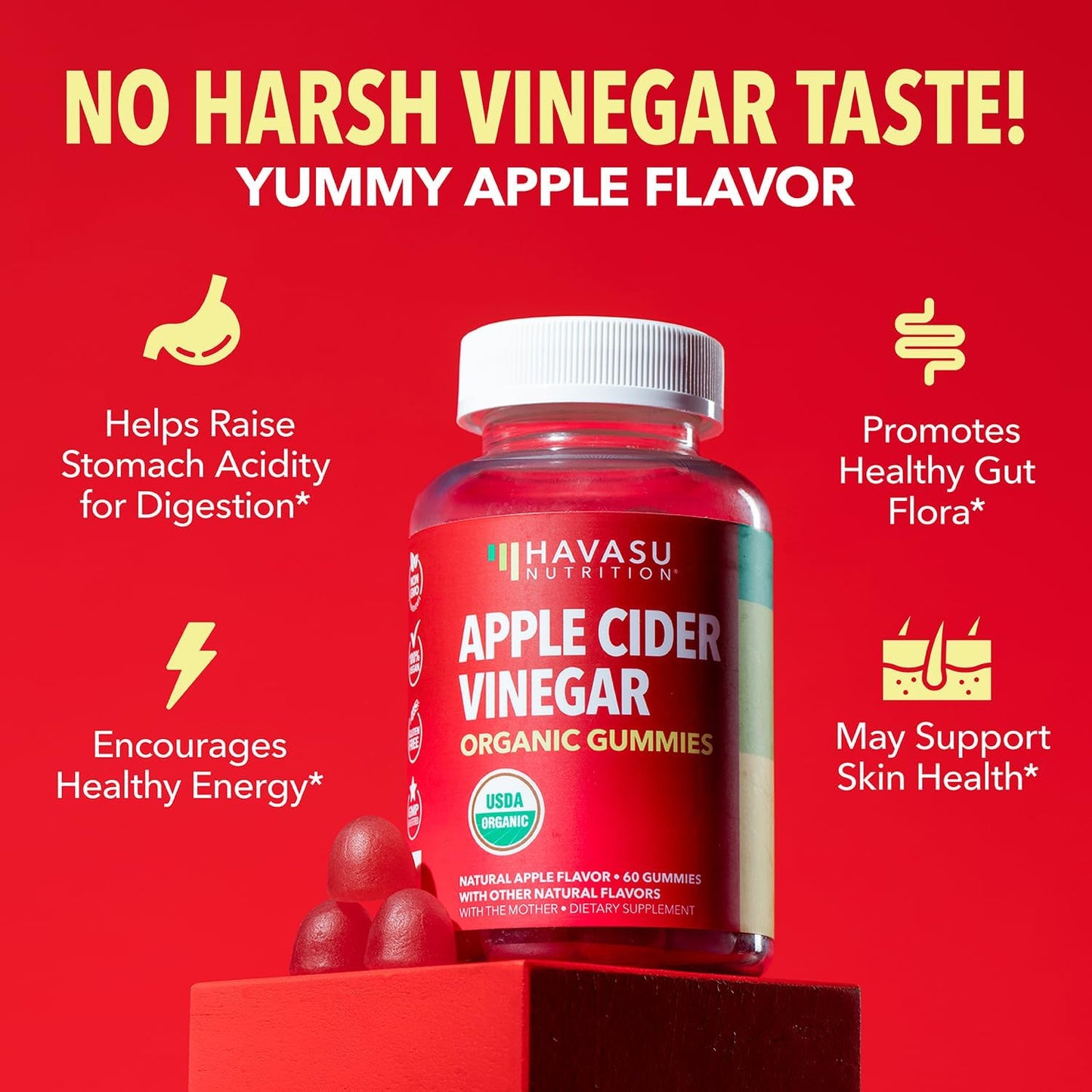 Organic Apple Cider Vinegar Gummies | ACV Gummies to Support Digestive Health and Gut Flora for Digestion | Natural Apple Flavor | 60 Organic, Vegan, and Non-GMO Apple Cider Vinegar Gummies