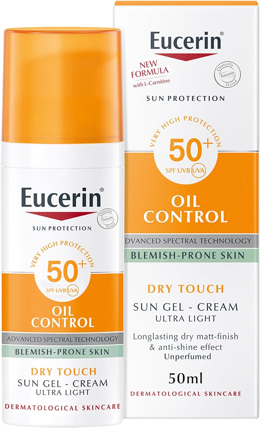 Eucerin Face Sunscreen Oil Control Gel-Cream Dry Touch, High UVA/UVB Protection, SPF 50+, Light Texture Sun Protection, Suitable Under Make-Up, For Blemish-Prone Skin, 50ml