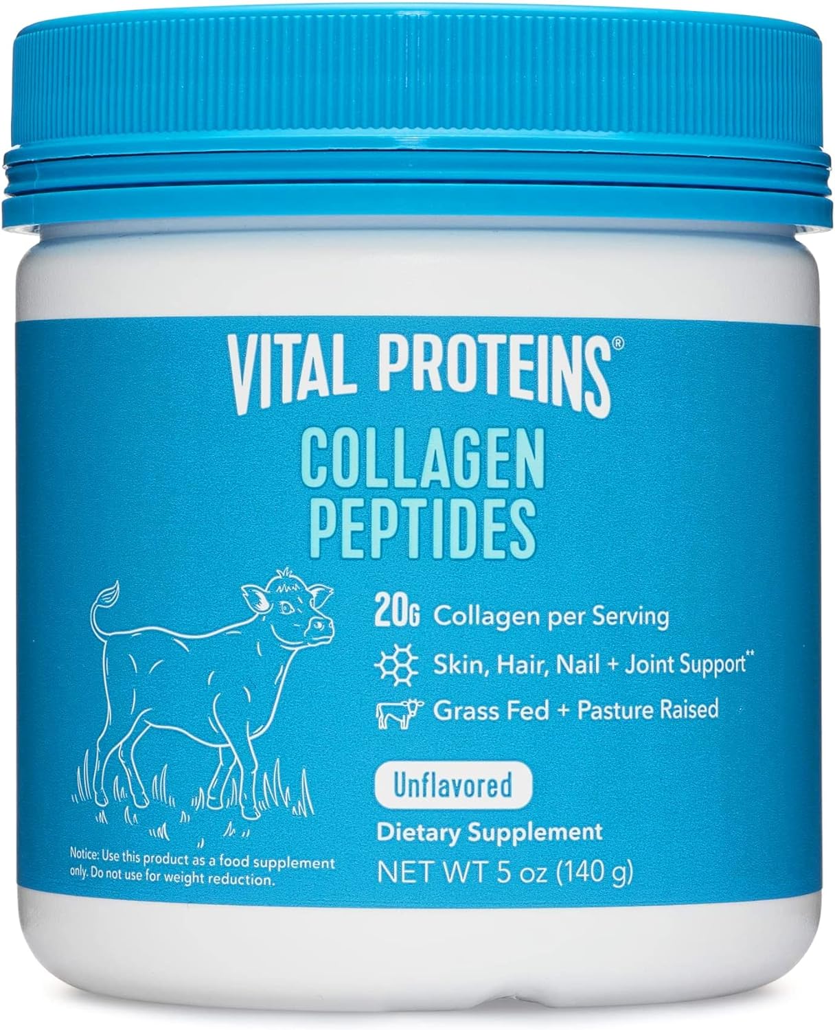 Vital Proteins Collagen Peptides Powder Supplement (Type I, III) for Skin Hair Nail Joint - Hydrolyzed Collagen - Dairy and Gluten Free - 20g per Serving - Unflavored 5 oz Canister