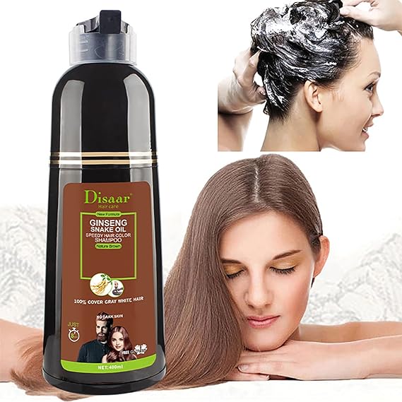 Disaar Natural Brown Hair Color Shampoo 100% Cover Gray White Hair Easy To Use Long Lasting For Girls , Men & Women 400ml