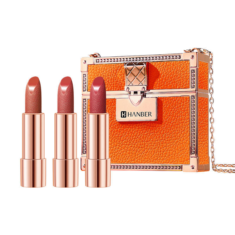 Orange leather pattern bag lipstick three per package velvet carved moisturizing lipstick with mirror