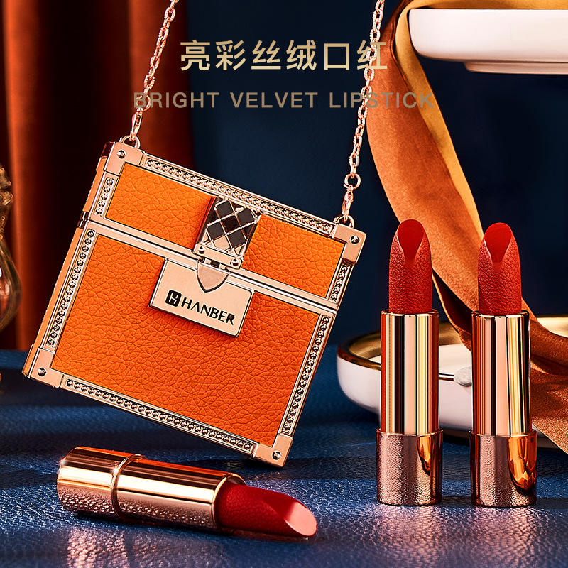 Orange leather pattern bag lipstick three per package velvet carved moisturizing lipstick with mirror