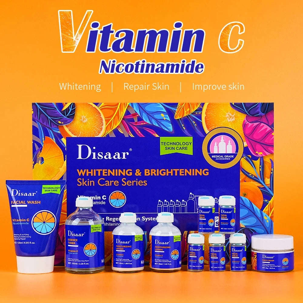 Disaar 10pcs VC&Niacinamide Face Skincare Set Anti-aging Whitening Serum Fade Acne Marks Moisturizing Cream Face Wash Toner Kit