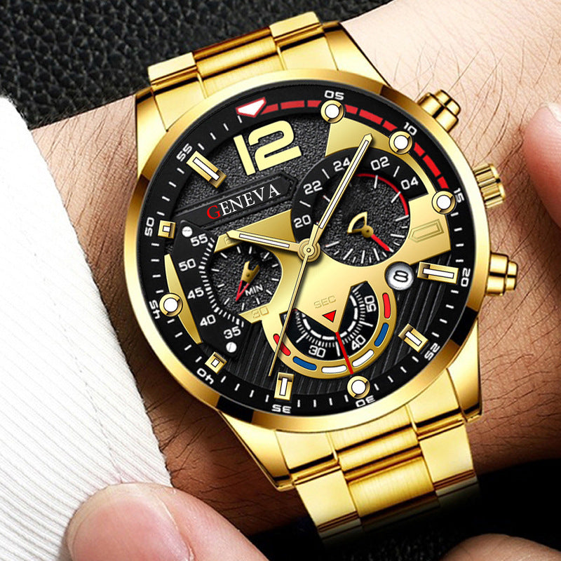 GENEVA men's creative mechanical fit six-hand watch alloy steel strip quartz watch men's watch